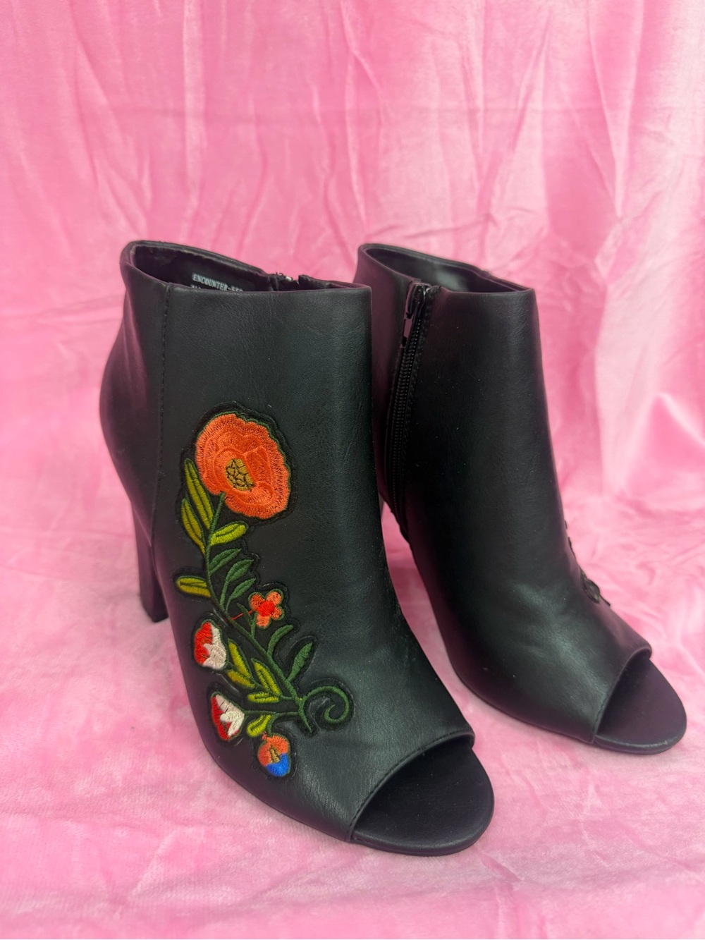 BAMBOO Black Peep-Toe Ankle Booties with Orange & Green Floral Embroidery